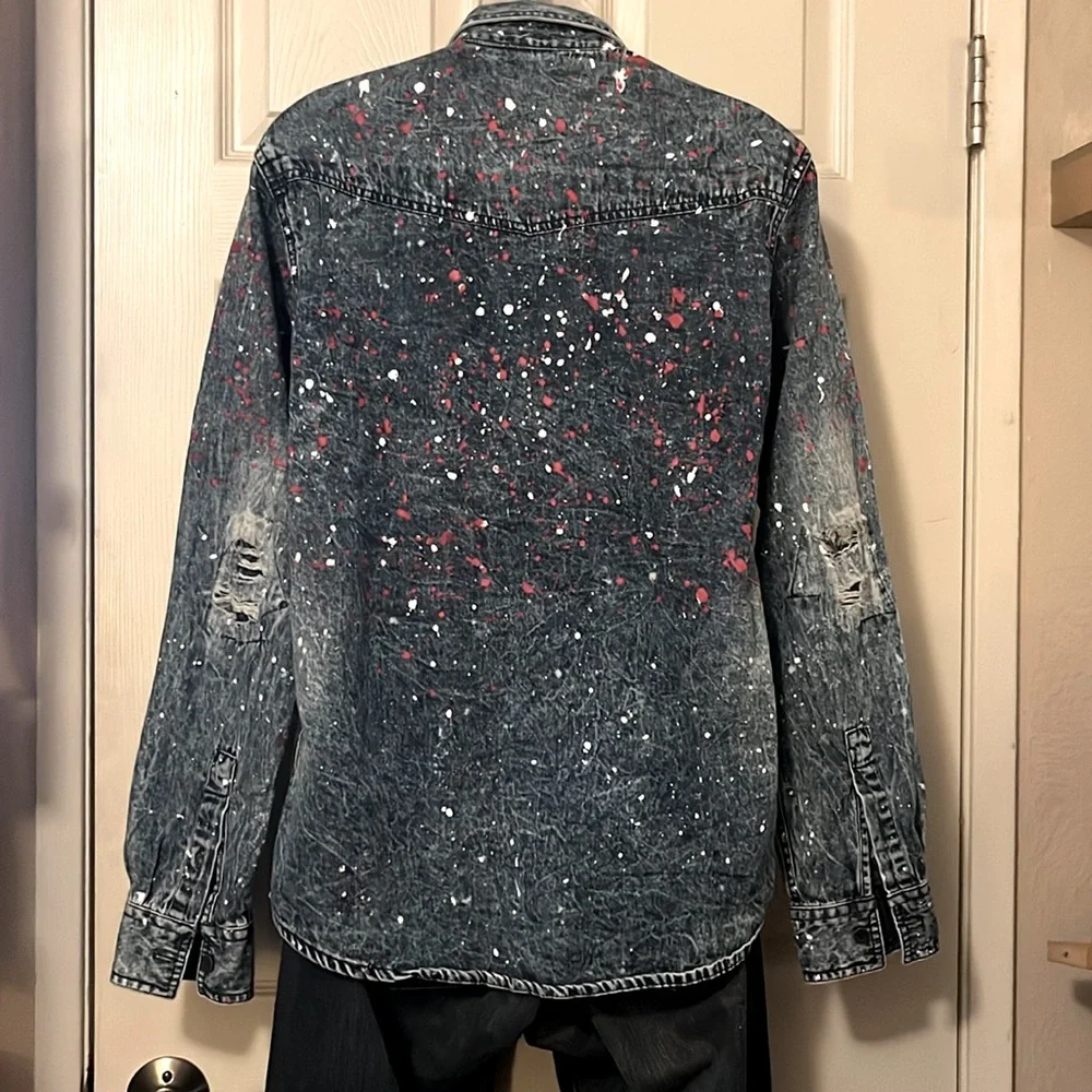 Carbon Distressed Blue Denim Mens Long Sleeve Button Down Paint Splatter Shirt